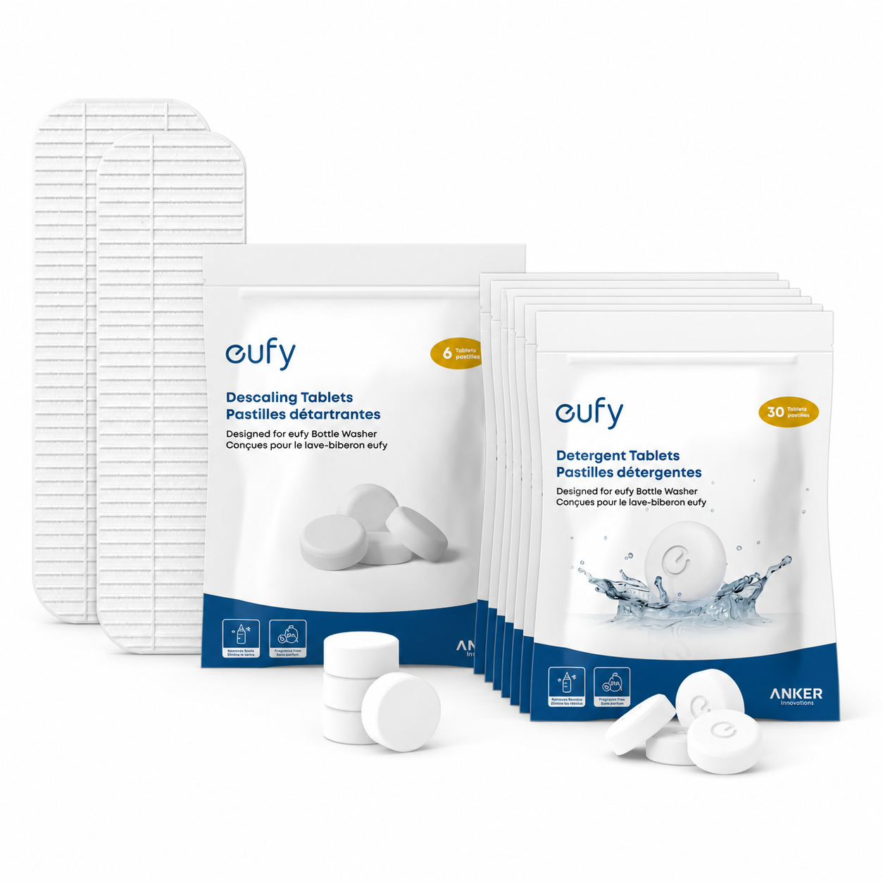 A set of Anker eufy Decaling Tablets and Detergent Tablets for baby bottles, shown with multiple white resealable pouches, a stack of white filter straws, and several loose white tablets on a clean white background.