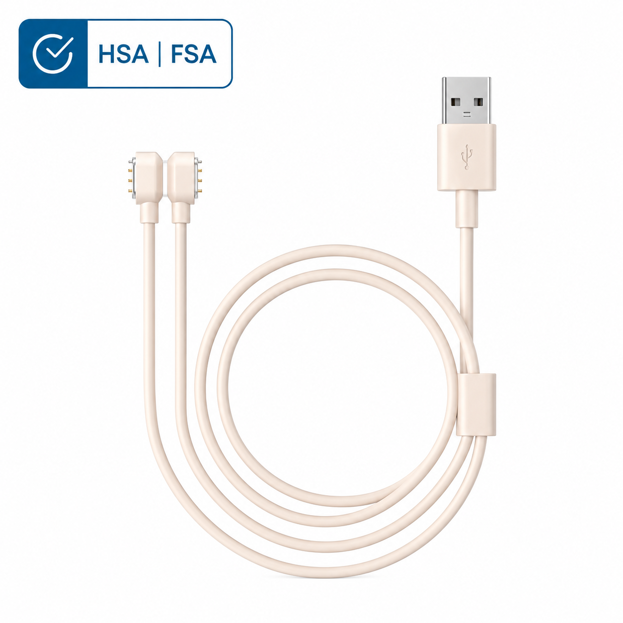 A cream-colored USB charging cable with a USB-A connector and a right-angle connector, coiled on a white background with an HSA | FSA certification badge in the top-left corner.