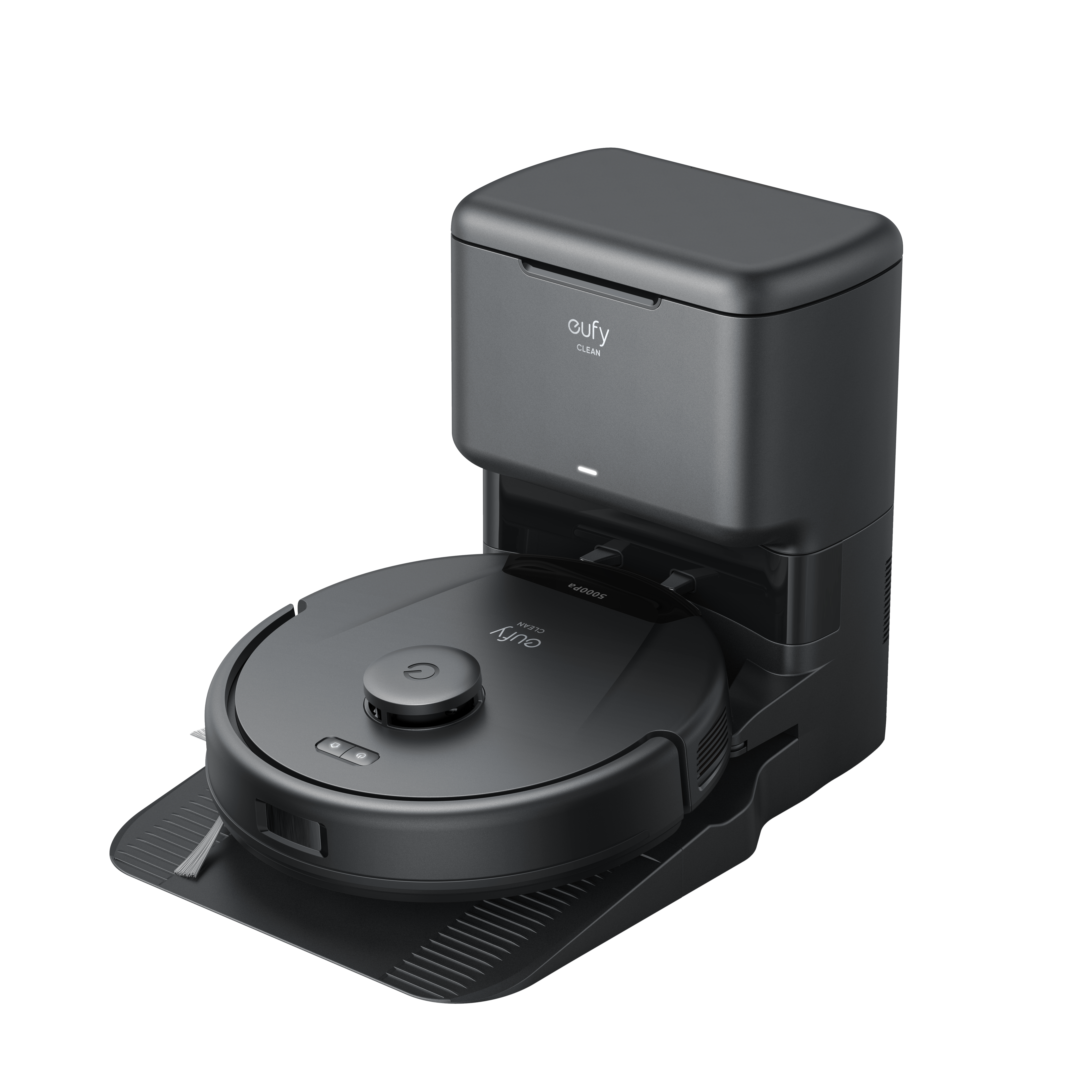 A black eufy Clean L60 robotic vacuum cleaner docked at its charging station with a visible self-empty station attached.