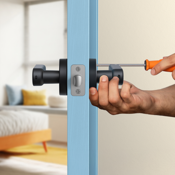 A close-up of a person's hand using an orange-handled screwdriver to adjust a black and silver door lock on a light blue door, with a softly blurred bedroom background.