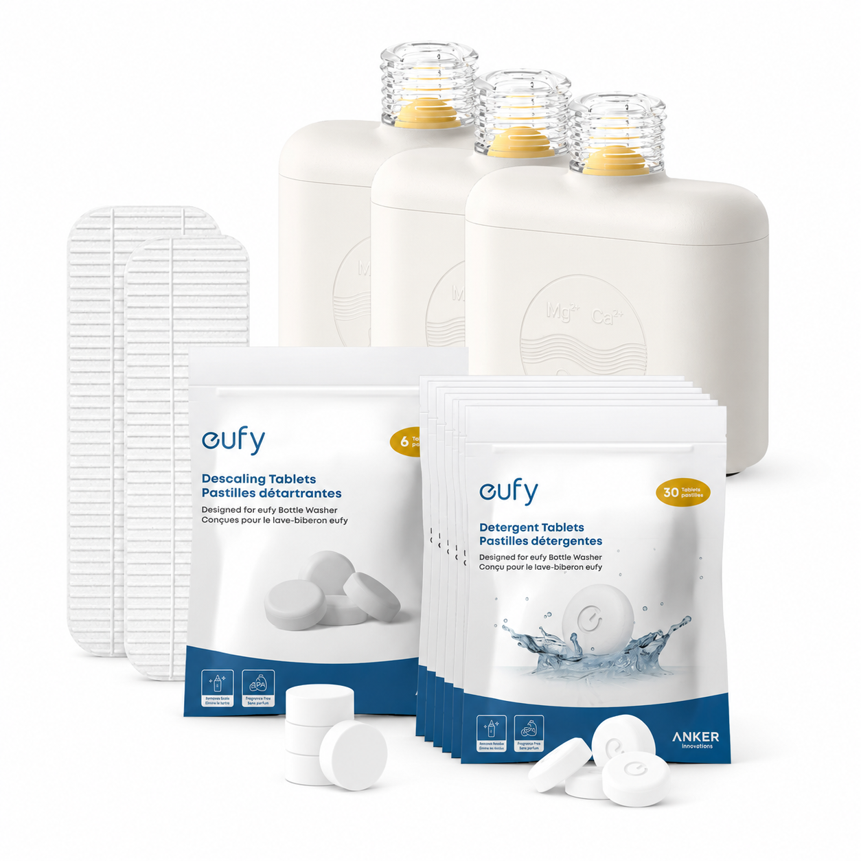 A set of early bottle washer cleaning supplies including three white plastic bottle holders with yellow caps, three packets of eufy Descaling Tablets, several loose white tablets, and a stack of white filter screens, all on a clean white background.