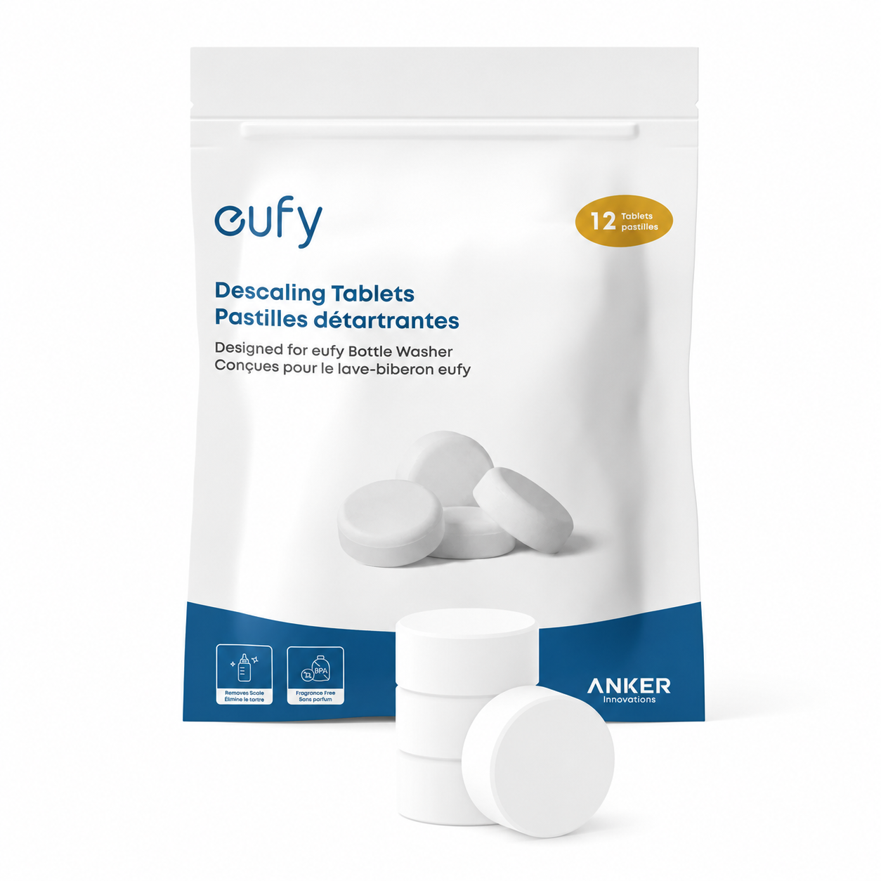 A white stand-up pouch of eufy Descaling Tablets, with three white round tablets displayed in front on a clean white background.