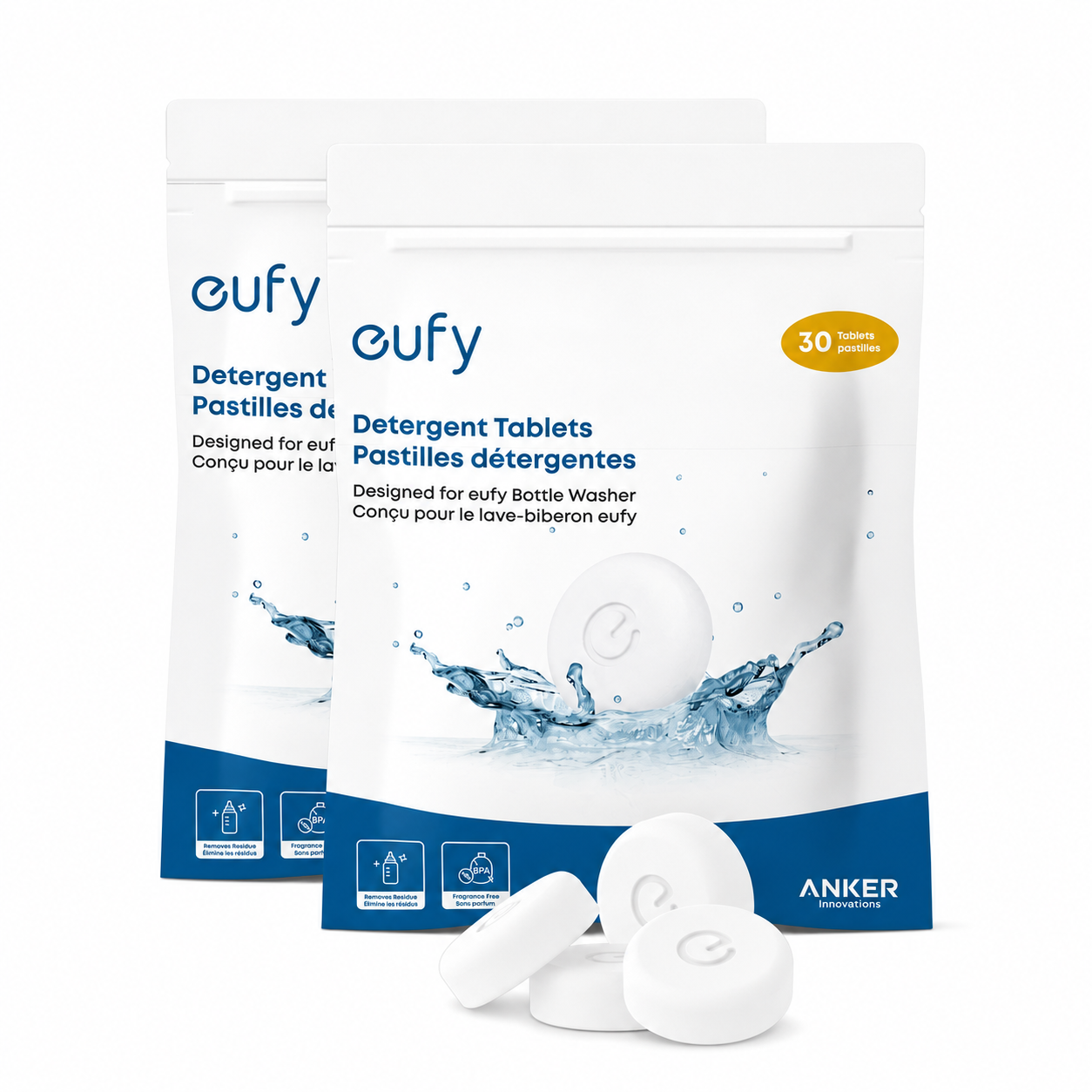 Two white pouches of eufy Detergent Tablets for eufy Bottle Washer, with three white round tablets in front, on a clean white background.