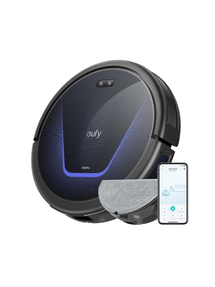 Eufy G50 Hybrid robotic vacuum cleaner in black with a dark blue accent line, shown alongside a gray floor mat and a smartphone displaying eufy app on a white background.