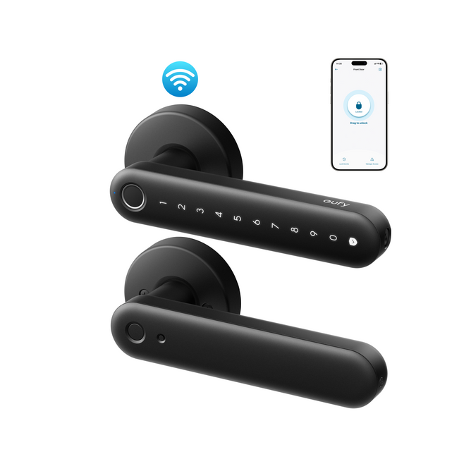 Black wireless smart door handle with touch control buttons, shown from two angles with a blue wireless icon and a smartphone app screen graphic on a white background.