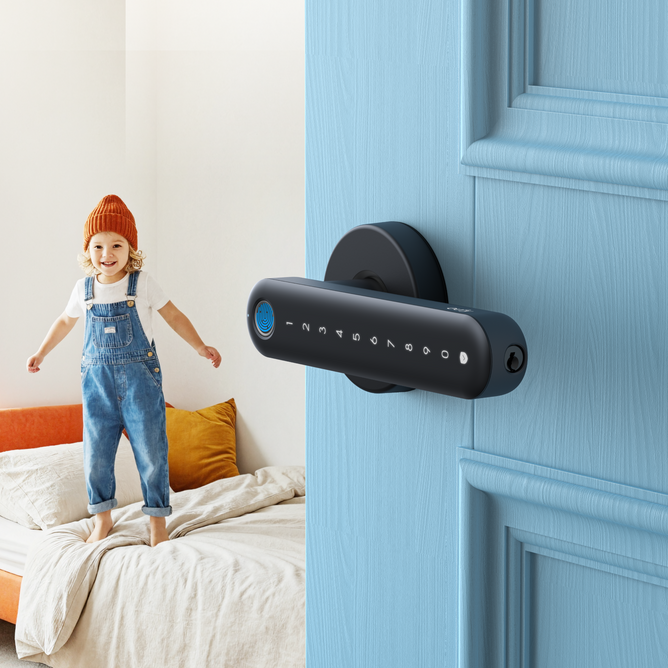 A black electronic smart door lock mounted on a light blue paneled door, with a child jumping on a bed in a bedroom visible in the background.