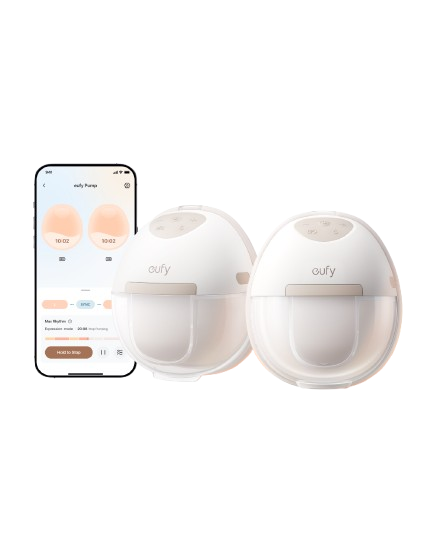 Two white eufy breast pump devices shown side by side with a smartphone eufy app screen displaying pump settings, on a clean white background.