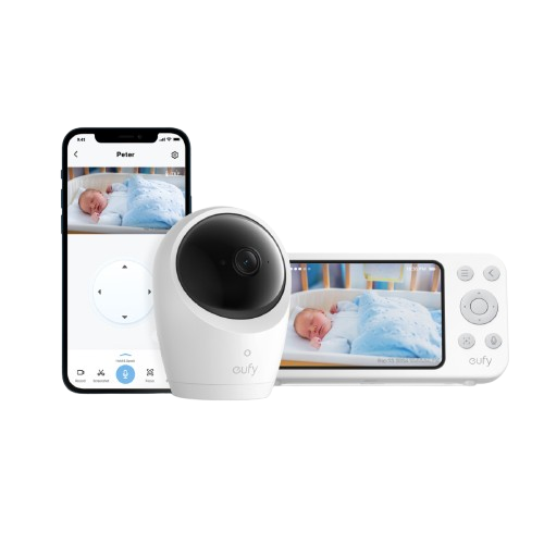 A baby video monitor set on a white background, including a white spherical camera, a white handheld display with a screen, and a smartphone showing the eufy app with a live feed of a sleeping baby.