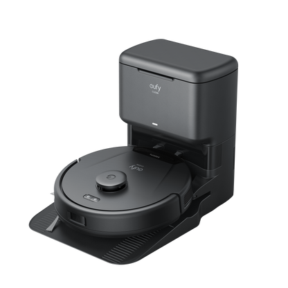 A black eufy Clean L60 robotic vacuum cleaner docked at its charging station with a visible self-empty station attached.
