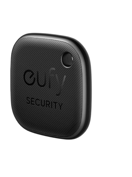 A black eufy Security tracker device with a textured carbon-fiber pattern, featuring the embossed brand name and a small circular cutout, shown on a plain white background.