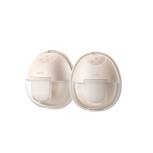 Two compact, wearable breast pump by eufy, shown side-by-side on a solid white background.
